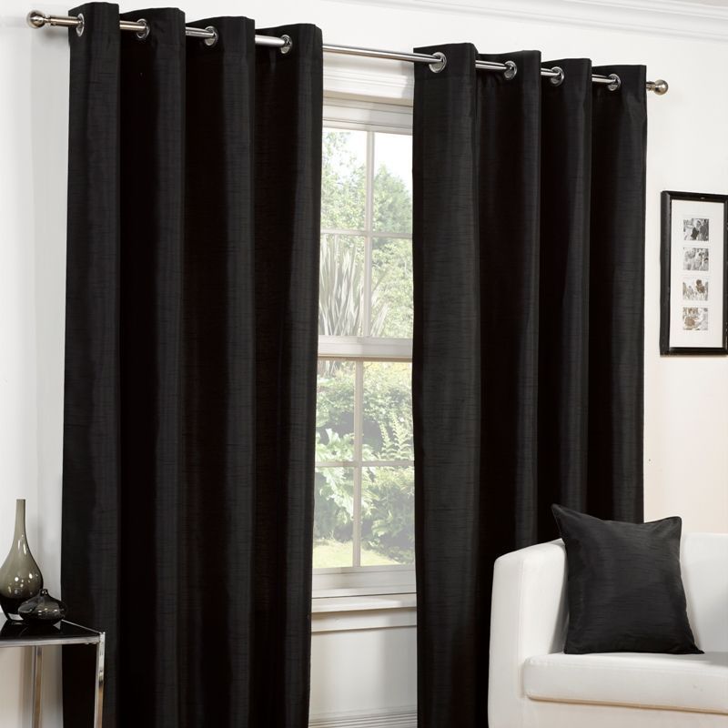 Faux Silk Eyelet Curtains (66" Width x 90" Drop) - Black
